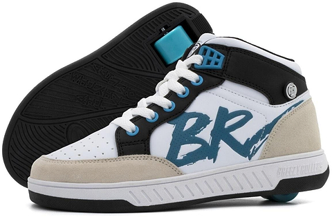 A pair of Breezy Rollers Skater Shoes in white and light blue, featuring wheels in the heels. One shoe stands upright while the other lies on its side, showing the sole and removable wheel. Brand: Breezy Rollers.