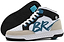 A pair of Breezy Rollers Skater Shoes in white and light blue, featuring wheels in the heels. One shoe stands upright while the other lies on its side, showing the sole and removable wheel. Brand: Breezy Rollers.