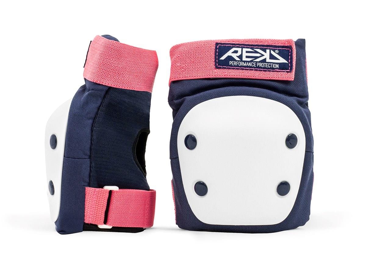 Knee pads from the REKD Heavy Duty Triple Skate Protection Pad Set in blue and pink.