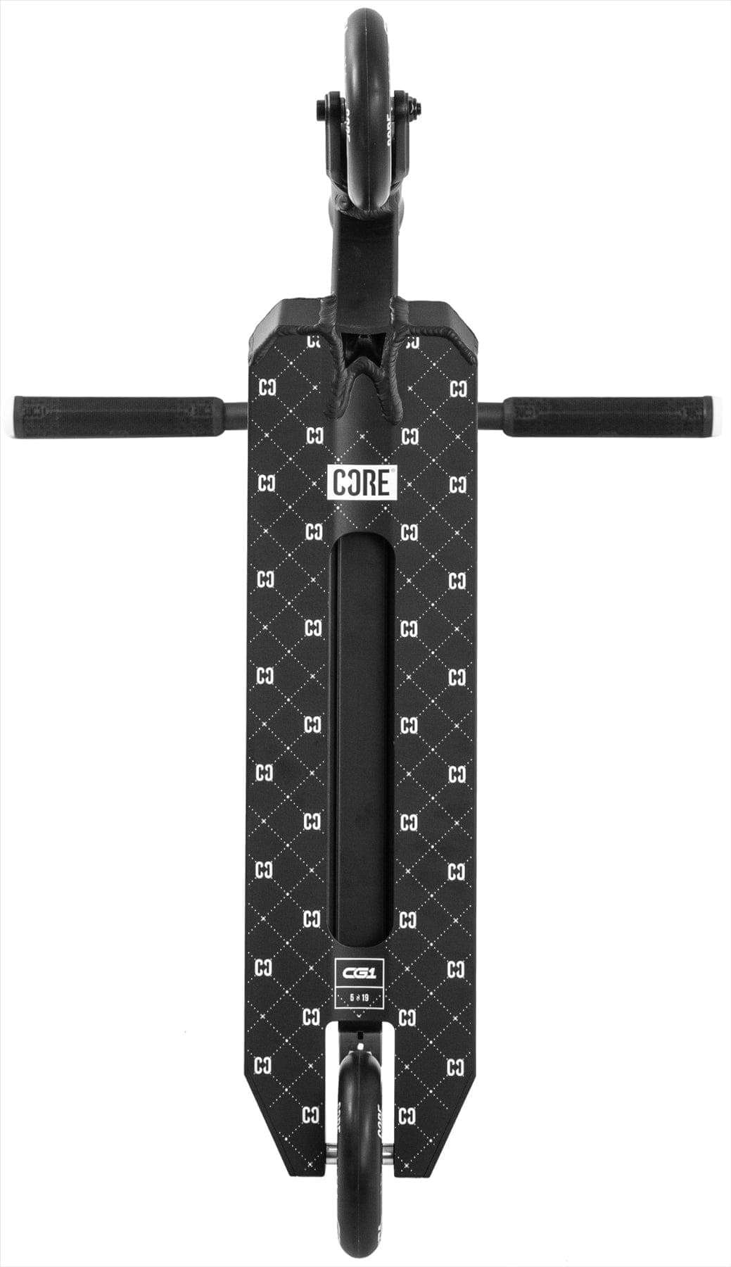 Top view of the CORE CG1 Complete Stunt Scooter in black, featuring a patterned deck with white CORE logos, two outward handlebars, and visible front and rear wheels.