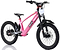 The Revvi 20" Kids Electric Balance Bike - Pink has a black seat, handlebars, tires, and kickstand. It features a front suspension fork and adjustable speed settings for its electric motor. The "Revvi" brand is displayed on its sturdy frame.