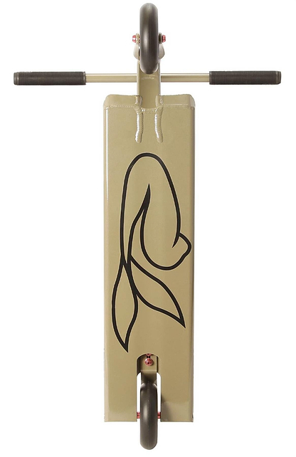 The Aztek Siren Complete Street Stunt Scooter in Zircon Sand, viewed from above, features black handlebars and a fish outline on the deck, with the two wheels visible at each end.