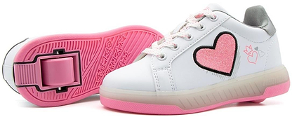 The Breezy Rollers Blast Shoes - Pink by Breezy Rollers are white sneakers with pink soles, pink glittery heart and winged heart designs, and a patented heel wheel for easy rolling.