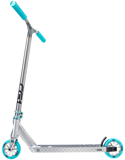 The CORE CG1 Complete Stunt Scooter by CORE, in Raw/Teal, features teal handle grips and teal-accented wheels—an ideal choice for beginners seeking a quality stunt scooter.