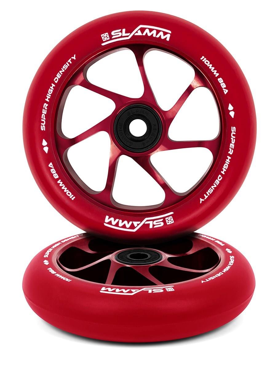 Two Slamm Team 110mm Stunt Scooter Wheels in red with premium aluminium cores, white Slamm branding, star-shaped spokes, and high-rebound PU for top performance—upright and stacked together.