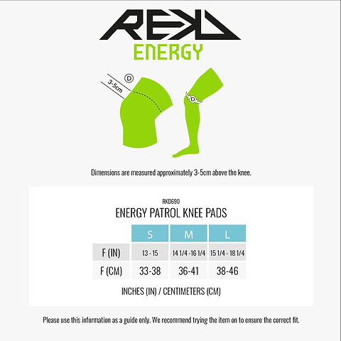 Illustration of the REKD Energy Patrol Ramp Knee Skate Protection Pads in black, featuring a sizing chart for extreme sports enthusiasts. The chart includes sizes S, M, and L with knee circumferences listed in inches (13-15, 14 1/6-16, 15 1/4-17 1/4) and centimeters (33-38, 36-41, 38-46). Measurements are taken.