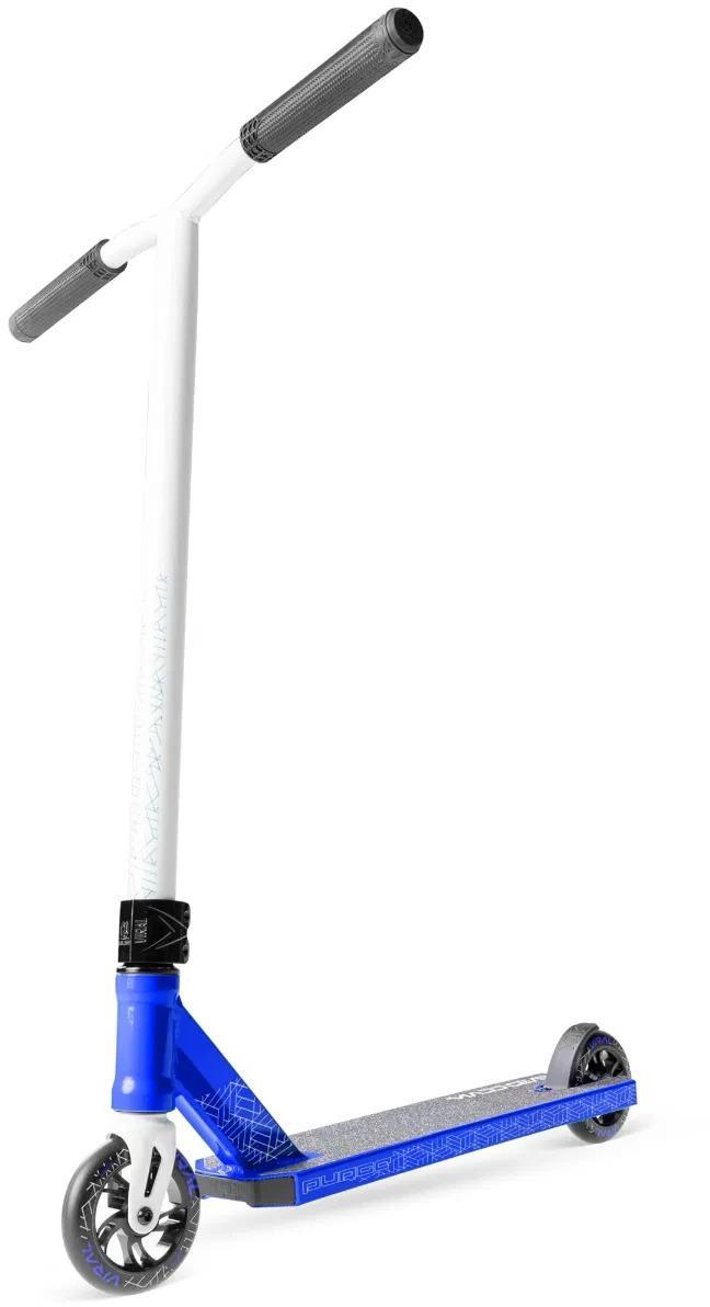 The Madd Gear Viral Purge Complete Stunt Scooter - Cobalt features blue and white styling, black handlebar grips, a textured deck, and two small black wheels—ideal for skatepark stunts.
