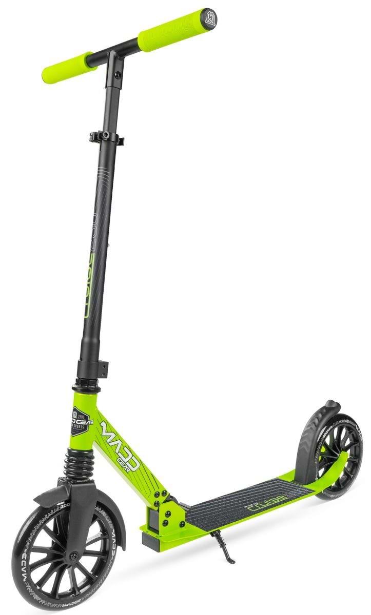 The Madd Gear Metro Cruise 250 Foldable Commuter Scooter by MGP in Black/Lime features black handlebars and wheels, a sturdy frame, adjustable height, non-slip deck, rear foot brake, and stands upright at a slight left angle.