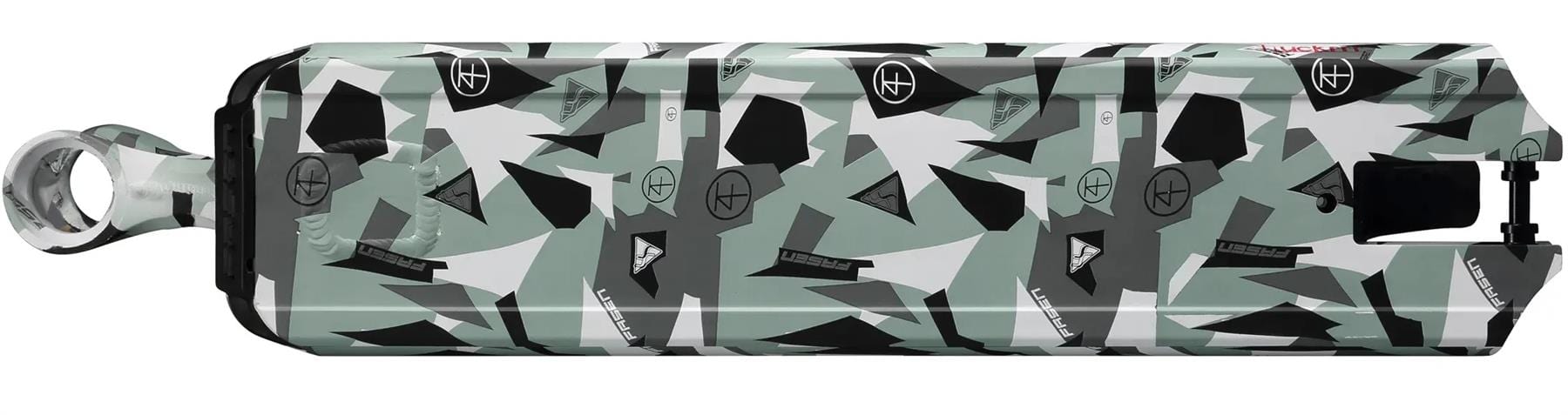 A close-up of the Fasen Team Edy Fluckinger Stunt Scooter Deck (4.7" x 20") shows a camouflage design in green, black, and white with geometric shapes and signature details from the Fasen brand.