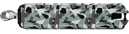A close-up of the Fasen Team Edy Fluckinger Stunt Scooter Deck (4.7" x 20") shows a camouflage design in green, black, and white with geometric shapes and signature details from the Fasen brand.