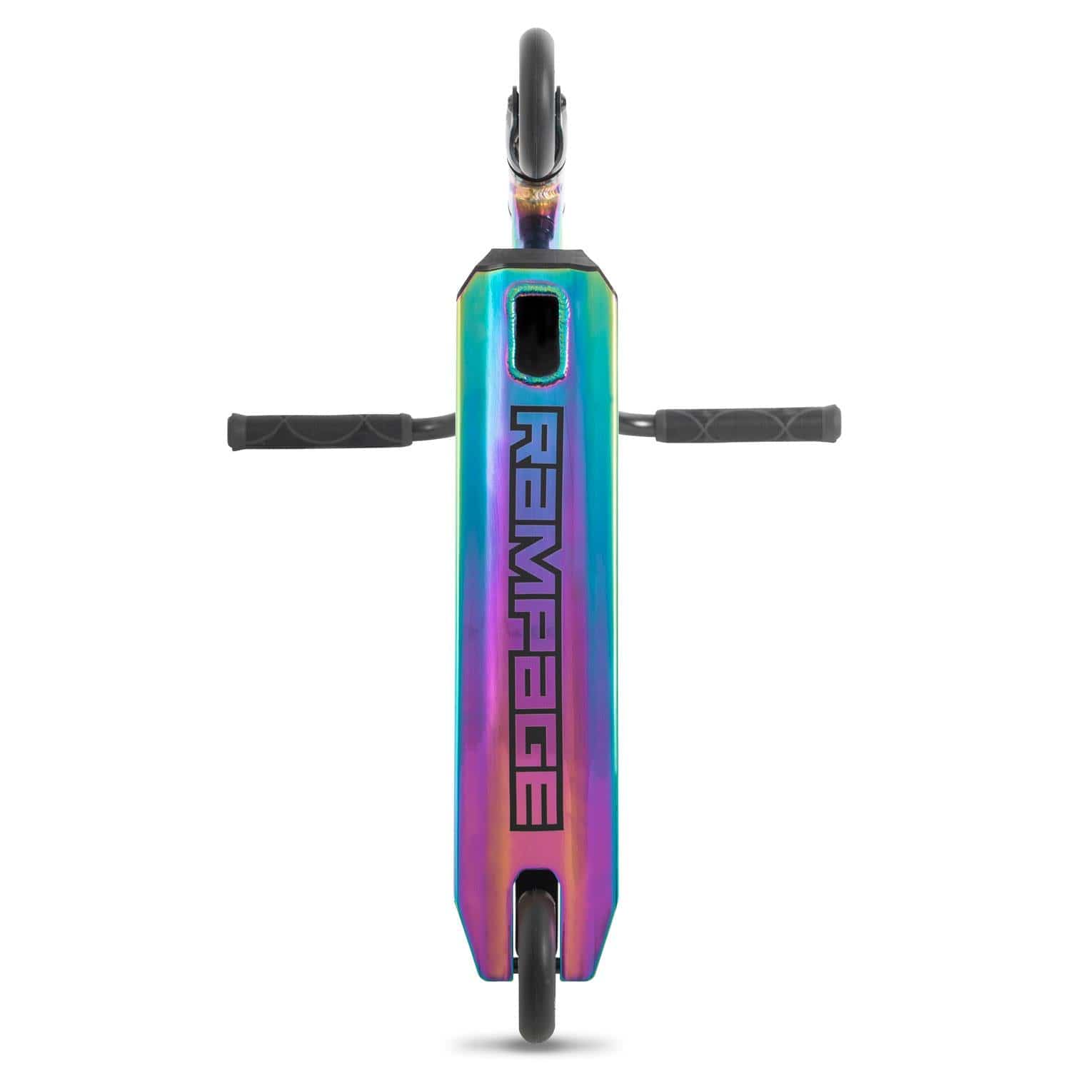 Top-down view of the Rampage R100A Complete Stunt Scooter - Oil Slick Neochrome, featuring bold "RAMPAGE" branding on the deck, dual handlebars, front and rear wheels—a perfect stunt scooter for tricks.