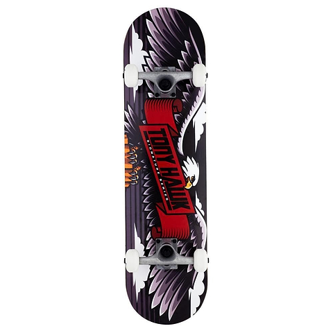 The Tony Hawk 180 Series Wingspan Special Complete Skateboard (8" x 31.5") features a 7-ply maple deck, white wheels, and a flying eagle graphic with bold red “Tony Hawk” lettering—ideal for entry-level riders.