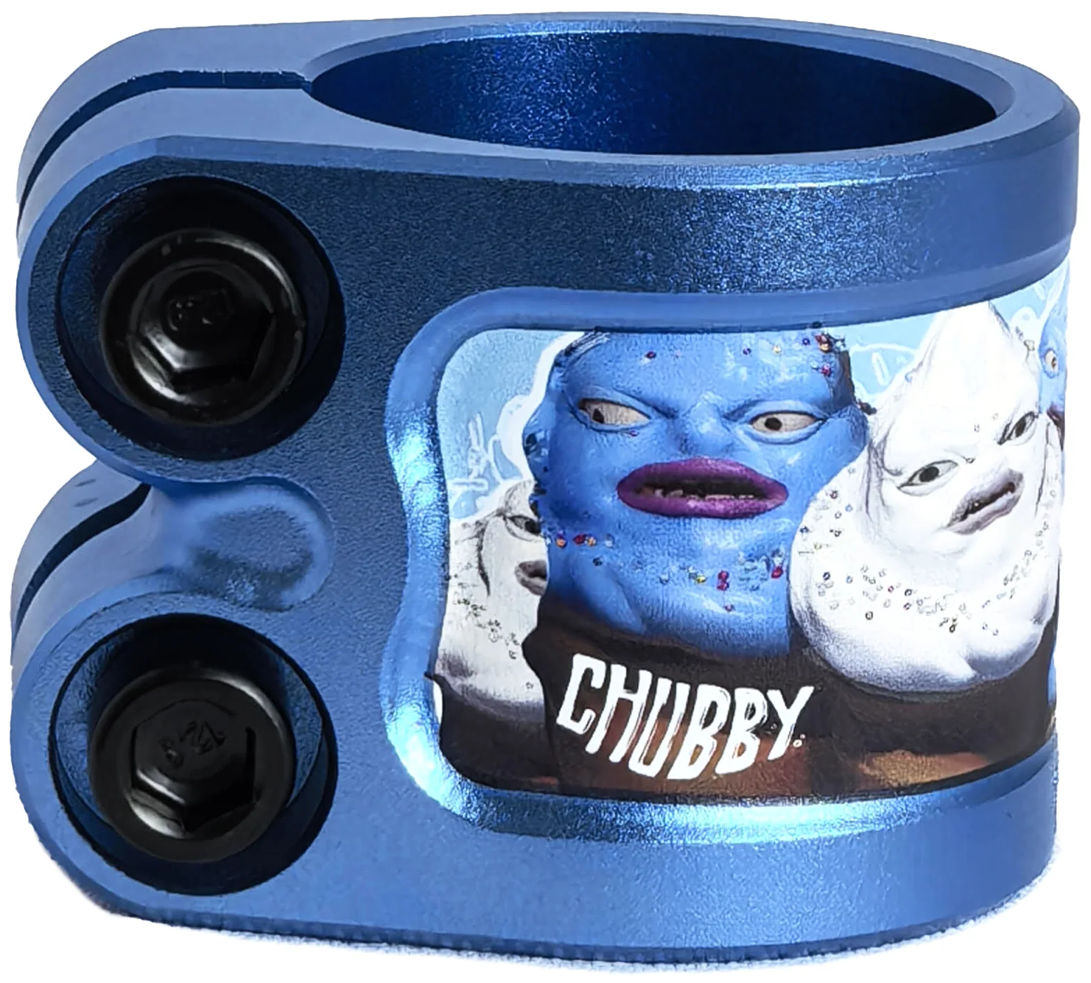 The Chubby Gnasher 2 Bolt Oversized Scooter Clamp - Ice Cream by Chubby features metallic blue 7075-T6 aluminum, two black bolts, and a sticker with cartoon blue-and-white monster faces plus "CHUBBY" in bold white letters.
