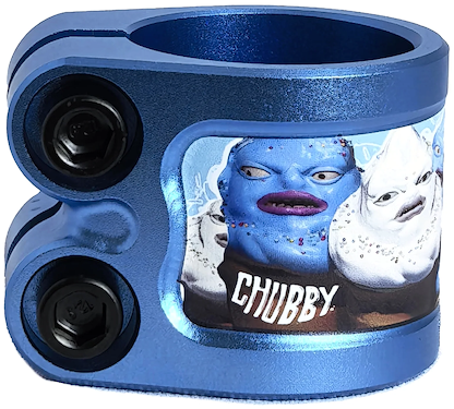 The Chubby Gnasher 2 Bolt Oversized Scooter Clamp - Ice Cream by Chubby features metallic blue 7075-T6 aluminum, two black bolts, and a sticker with cartoon blue-and-white monster faces plus "CHUBBY" in bold white letters.