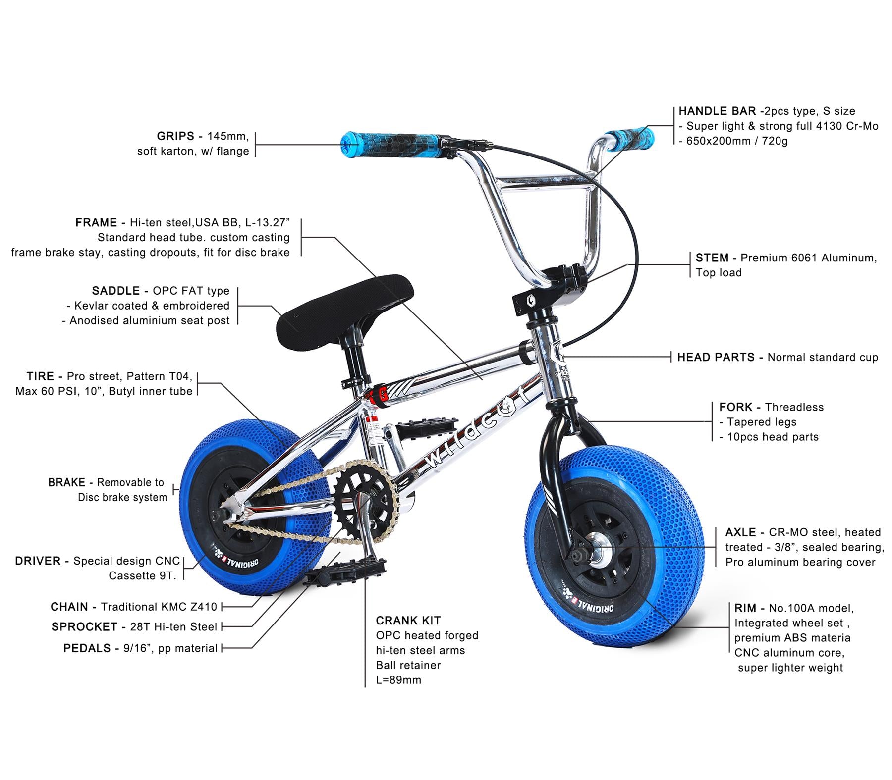 The Wildcat OG 3A Mini BMX Bike - Galaxy Blue features blue treaded training wheels, PRO Street 65PSI tyres, chromoly steel handlebars, and labeled parts including handlebar, frame, grips, saddle, tire, brake, fork, crank kit, chain, sprocket & pedals.