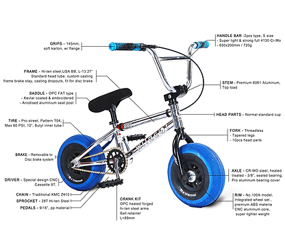 The Wildcat OG 3A Mini BMX Bike - Galaxy Blue features blue treaded training wheels, PRO Street 65PSI tyres, chromoly steel handlebars, and labeled parts including handlebar, frame, grips, saddle, tire, brake, fork, crank kit, chain, sprocket & pedals.