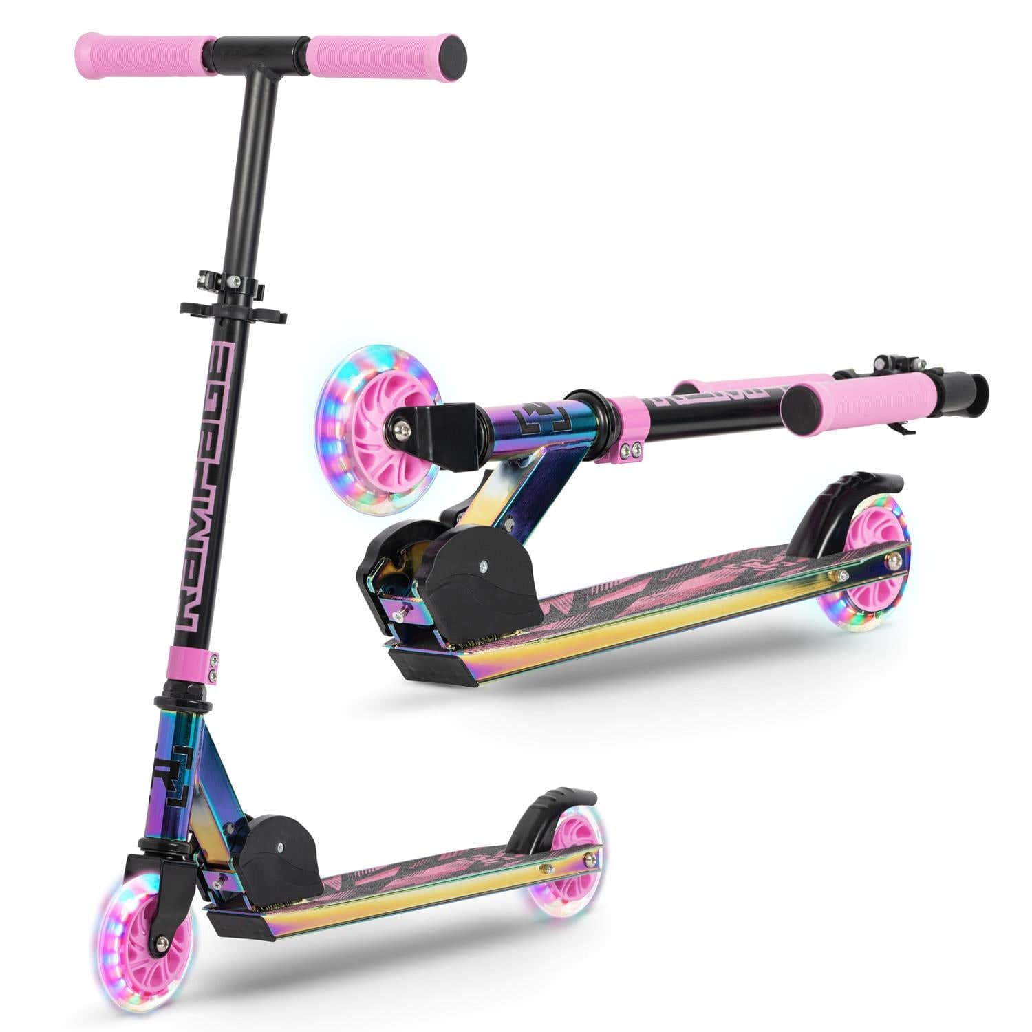 The Rampage Light Up Foldable Kick Scooter - Neochrome / Pink upright and folded.