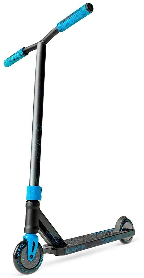 The Madd Gear Viral Rave Complete Stunt Scooter - Velocity features a black frame, bright blue handle grips, wheel accents, and clamp. The textured, non-slip deck sports blue detailing. The scooter is shown angled to display both wheels.