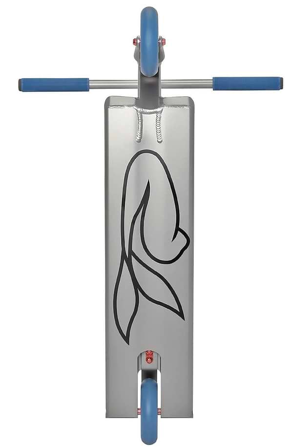 The Aztek Siren Complete Street Stunt Scooter in grey features blue handlebar grips and wheels, plus a deck with bold black line art of a fish, reflecting the signature Aztek style.