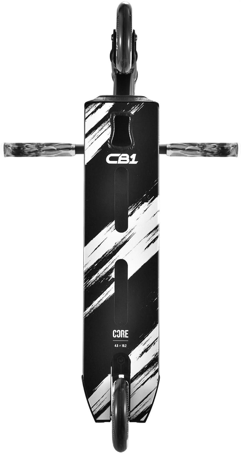 Top-down view of the CORE CB1 Beginner Complete Stunt Scooter - Black by CORE, featuring bold diagonal stripes, "CB1" and "CORE" labels, two wheels, and handlebars—perfect for beginners.