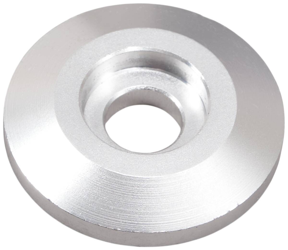 Introducing the Dial 911 IHC Scooter Compression Top Cap, a sleek and industrially designed conical washer. Crafted from lightweight aluminum, it features a central hole and tapers outward. Its smooth, shiny surface showcases a polished finish, making it an ideal choice for IHC scooter compression systems.