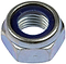 Here's a close-up of the Dial 911 Scooter High Tensile Axle Nut, featuring a blue nylon insert that is perfect for securing an 8mm scooter axle. With its shiny, smooth finish and visible internal threading, this product is ideal for enhancing your scooter setup.