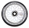 A close-up of the Blunt Envy Diamond Hollow Core 120mm Stunt Scooter Wheel in Chrome Silver, highlighting its black rubber tire and white spoked rim. The rim is adorned with the text "ONE HUNDRED TWENTY FOUR MM 86A" along the edge, emphasizing its robust construction for stunt scooter performance.