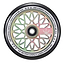 A close-up of a vibrant Blunt Envy Diamond Hollow Core 120mm stunt scooter wheel in a matted oil slick design, featuring a black outer rim. The wheel showcases a geometric spoke pattern with text reading "ONE HUNDRED TWENTY FOUR MM 86A" around the edge.