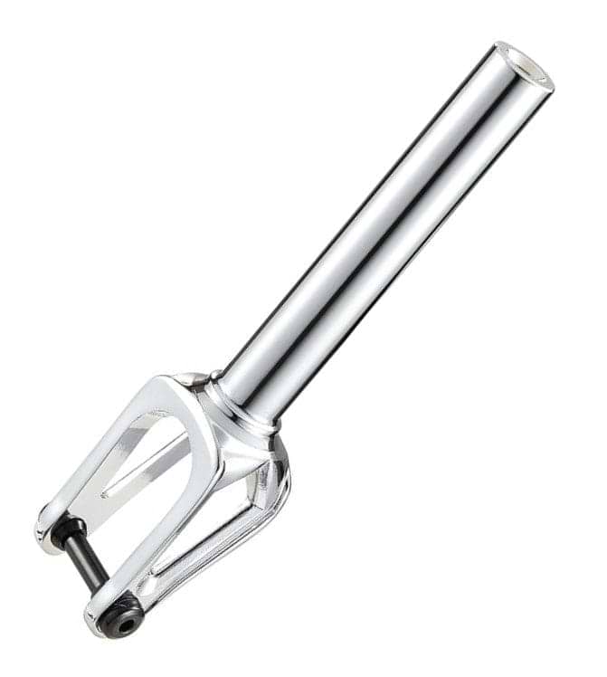 Introducing the Blunt Envy Diamond IHC Stunt Scooter Forks in Chrome Silver, designed with precision CNC 6063 aluminum. This fork features a sleek, cylindrical handle and a strong open frame, enhanced by its polished metallic finish. The modern design showcases Blunt Envy's commitment to exceptional functionality and aesthetics.