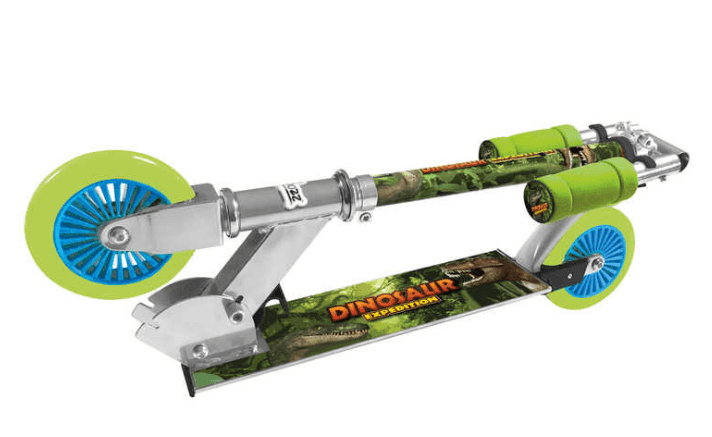 The Ozbozz Nebulus Foldable Kids Kick Scooter - Dinosaur Green features a dinosaur-themed graphic on the deck, an adjustable handlebar, bright green wheels with blue hubs, green handle covers, and a silver frame with camouflage patterns for a fun and functional ride.