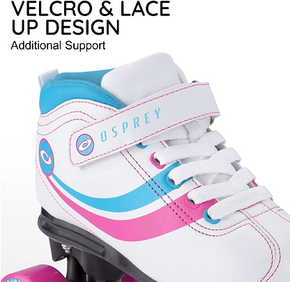 Close-up of the Osprey Disco Quad Roller Skates - White, featuring blue and pink accents, a velcro strap, and lace-up design for added support. "Velcro & Lace Up Design Additional Support" appears above—ideal for recreational skating.