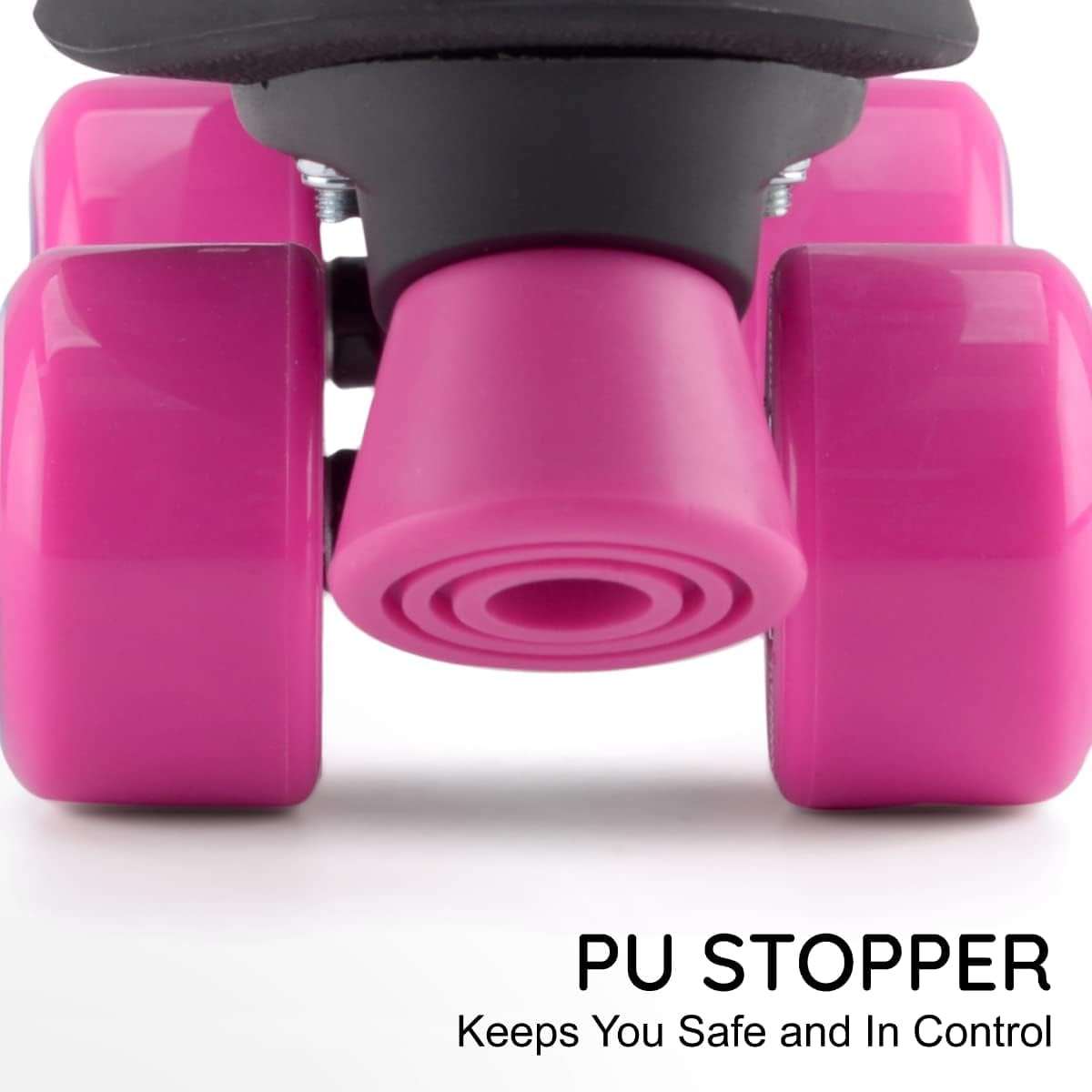 Close-up of the Osprey Disco Quad Roller Skates - White wheels and toe stopper, featuring the text "PU STOPPER Keeps You Safe and In Control" in the bottom right corner.