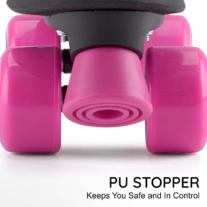Close-up of the Osprey Disco Quad Roller Skates - White wheels and toe stopper, featuring the text "PU STOPPER Keeps You Safe and In Control" in the bottom right corner.