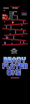 On the retro arcade game screen showcasing a classic platformer, a character navigates ladders and barrels with a giant gorilla looming above. At the bottom, "READY PLAYER ONE" is prominently displayed in pixelated letters, while vibrant prints inspired by Revolution Stunt Scooter Griptape - Donkey Kong are scattered across the screen.