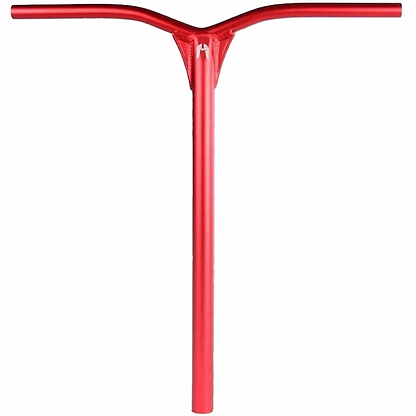 The Ethic DTC Dryade 67 Aluminium ICS/IHC Stunt Scooter Bars in a T-shape design feature a slightly curved top bar and a central vertical bar for support. These red scooter handlebars, measuring 670mm by 580mm, boast a sleek metallic finish and are renowned for their lightweight construction, offering superior performance on any ride.