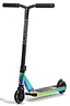 Introducing the Legacy 1.5 Mini Pro Complete Stunt Scooter: a rainbow neochrome marvel featuring a sleek black handlebar with vibrant gradient accents on the deck and neck. Perfect for standout moves at the skatepark, it boasts two durable black wheels and striking geometric patterns on the deck.