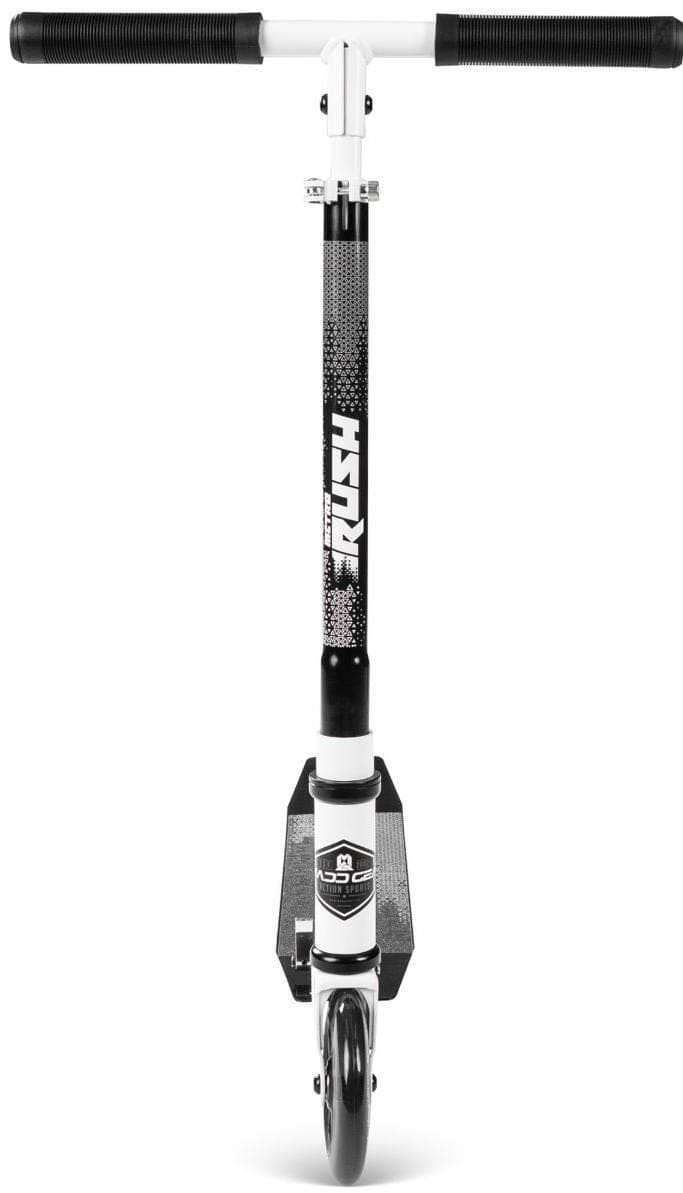 Front view of the Madd Gear Metro Rush 125 Kids Foldable Scooter in white/black, featuring rubber grips, a narrow deck, one visible 125mm LED wheel, and "RUSH" printed vertically on the Madd Gear (MGP) stem.