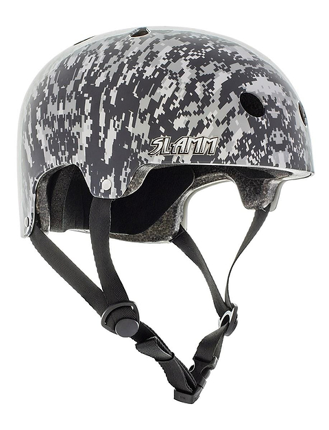 The Slamm Logo Skate / Scooter Helmet, perfect for scooter enthusiasts, features a grey camouflage design with "SLAMM" prominently displayed on the side. It complies with EN1078 safety regulations and includes multiple air vents as well as adjustable black straps for a secure fit.
