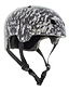 The Slamm Logo Skate / Scooter Helmet, perfect for scooter enthusiasts, features a grey camouflage design with "SLAMM" prominently displayed on the side. It complies with EN1078 safety regulations and includes multiple air vents as well as adjustable black straps for a secure fit.