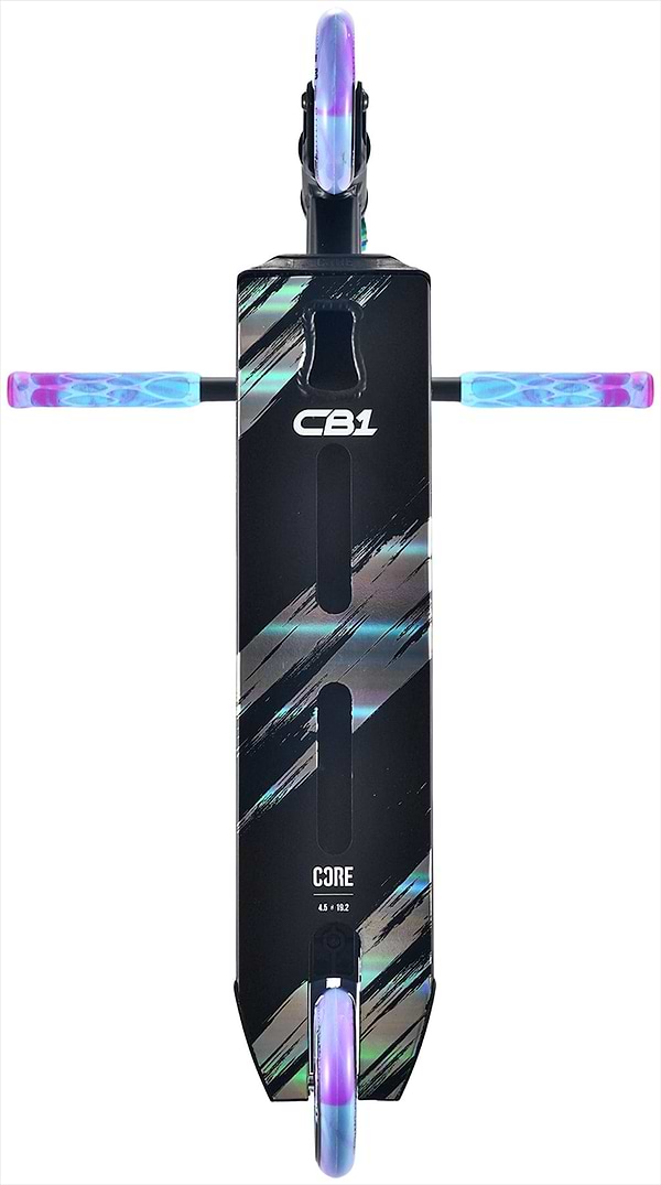 Top view of the CORE CB1 Beginner Complete Stunt Scooter by CORE in Black/Neochrome, featuring iridescent details on a black deck labeled "CB1" and "CORE," plus two wheels and handlebars with purple and blue grips.