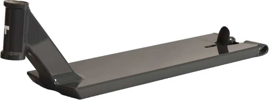 The Tilt Method Pro Gunmetal Grey Stunt Scooter Deck (6.2" x 22.2") features a boxed design, angled neck, integrated head tube, and rear brake—ideal for street riders. Shown on a white background.