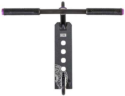 Top-down view of the CORE CL1 Complete Stunt Scooter in Black/Neochrome LE, featuring wide handlebars with purple ends, a deck with circular cutouts and a white geometric pattern near the rear, and "CORE" branding on grips and deck.