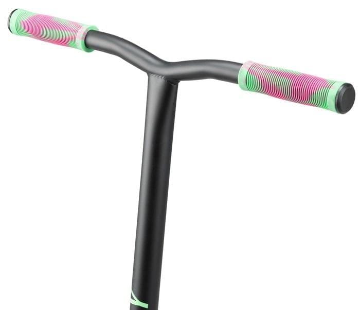 The upper part of the Osprey Bomb Complete Stunt Scooter in pink and green is shown with striped grips against a white background. Only the handlebar and grips are visible—perfect for beginner riders. Brand: Osprey.