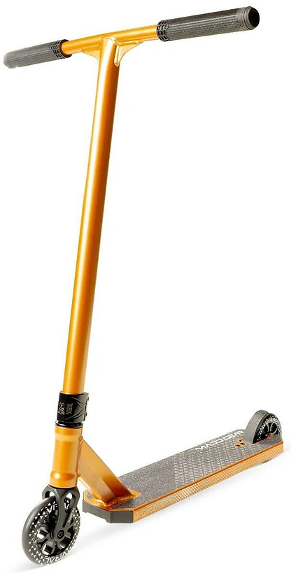 The Madd Gear Viral KAOS Complete Stunt Scooter in copper, featuring black handle grips, two small black wheels, and a textured foot deck, is shown standing on a white background.