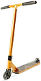 The Madd Gear Viral KAOS Complete Stunt Scooter in copper, featuring black handle grips, two small black wheels, and a textured foot deck, is shown standing on a white background.