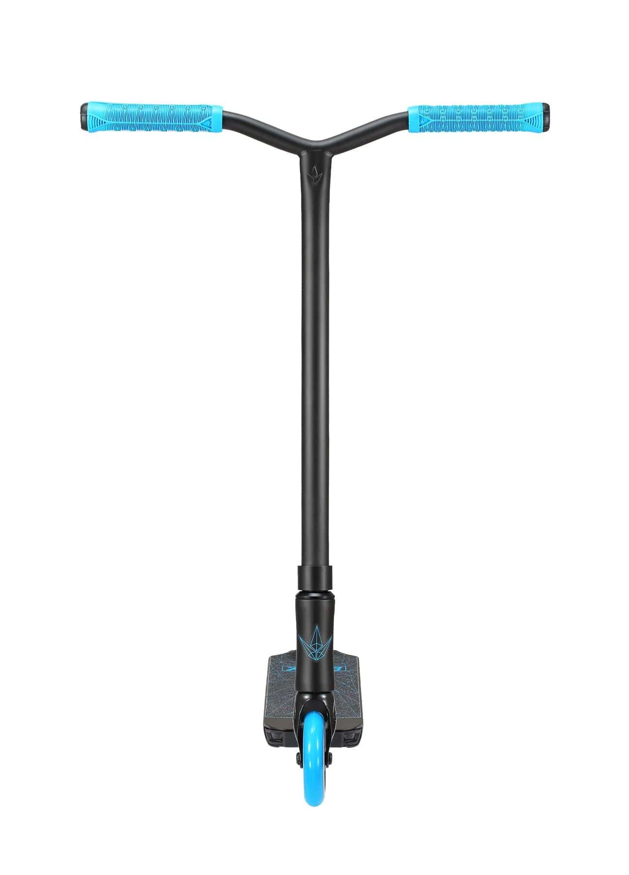The Blunt Envy ONE S3 Complete Stunt Scooter - Blue, by Blunt Envy, is an ideal choice for young scooter enthusiasts. It showcases a sleek black deck with striking blue accents and features a blue front wheel. The T-shaped handlebars are equipped with matching blue grips, ensuring both style and comfort.