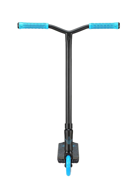 The Blunt Envy ONE S3 Complete Stunt Scooter - Blue, by Blunt Envy, is an ideal choice for young scooter enthusiasts. It showcases a sleek black deck with striking blue accents and features a blue front wheel. The T-shaped handlebars are equipped with matching blue grips, ensuring both style and comfort.