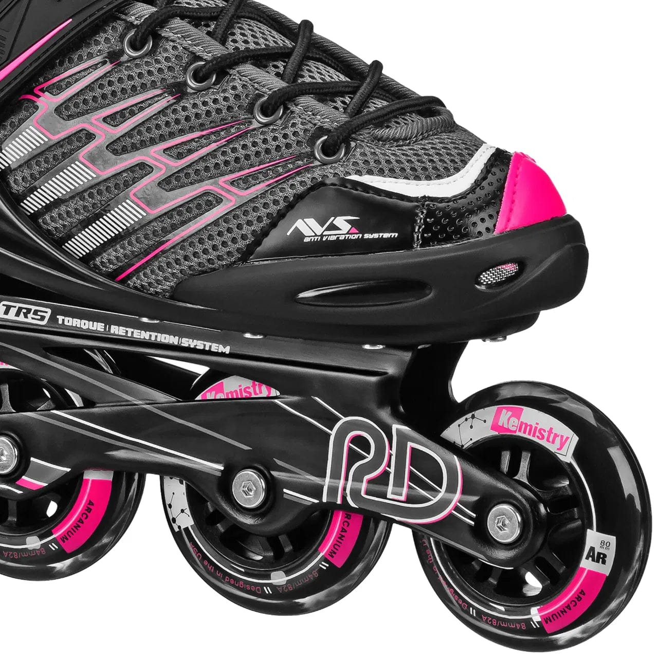 Close-up of the Roller Derby Aerio V2 Q-60 Women's Inline Skates in black/pink, featuring mesh shoe, laces, comfort memory padding, sturdy frame, and three visible Kemistry-branded wheels.