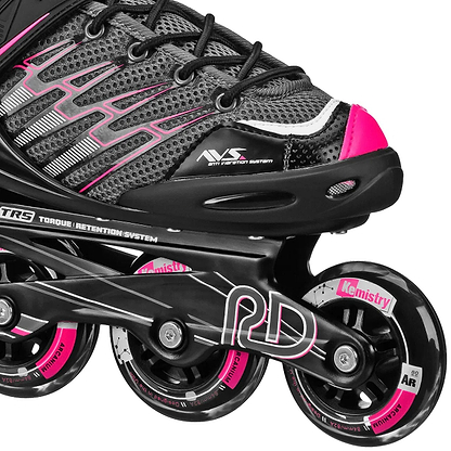 Close-up of the Roller Derby Aerio V2 Q-60 Women's Inline Skates in black/pink, featuring mesh shoe, laces, comfort memory padding, sturdy frame, and three visible Kemistry-branded wheels.