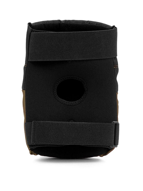 Introducing the REKD Ramp Knee Skate Protection Pads in Black/Khaki, designed with a circular cutout and two adjustable straps, perfect for action sports enthusiasts seeking enhanced support and impact resistance.